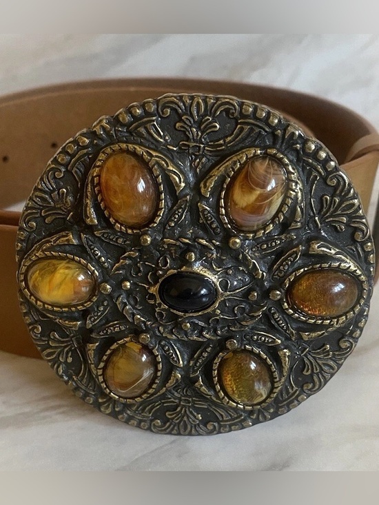 Vintage Genuine Leather Boho Statement Belt Ornate Buckle 36” main image 7